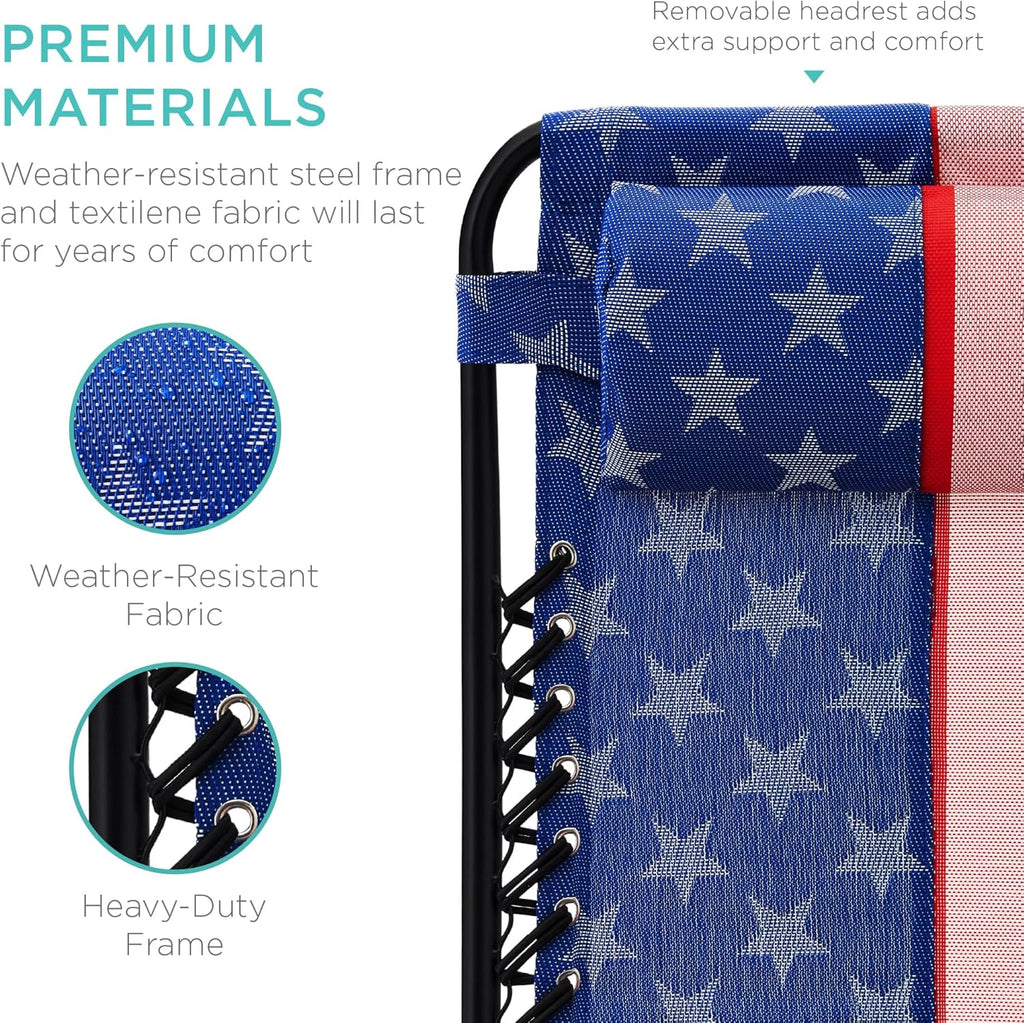 Best Choice Products Adjustable Steel Mesh Zero Gravity Lounge Chairs - Set of 2 with Pillows & Cup Holders | American Flag Design