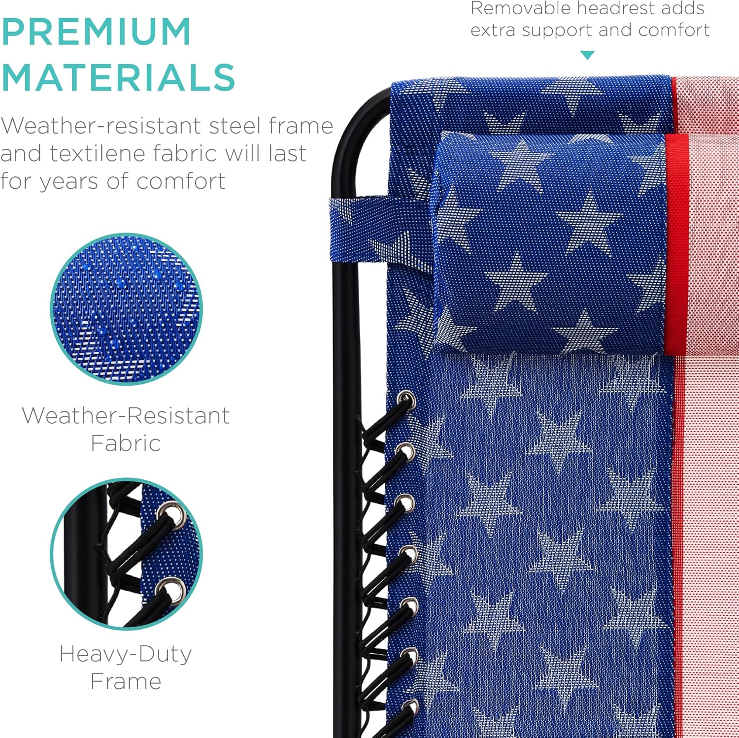 Best Choice Products Adjustable Steel Mesh Zero Gravity Lounge Chairs - Set of 2 with Pillows & Cup Holders | American Flag Design
