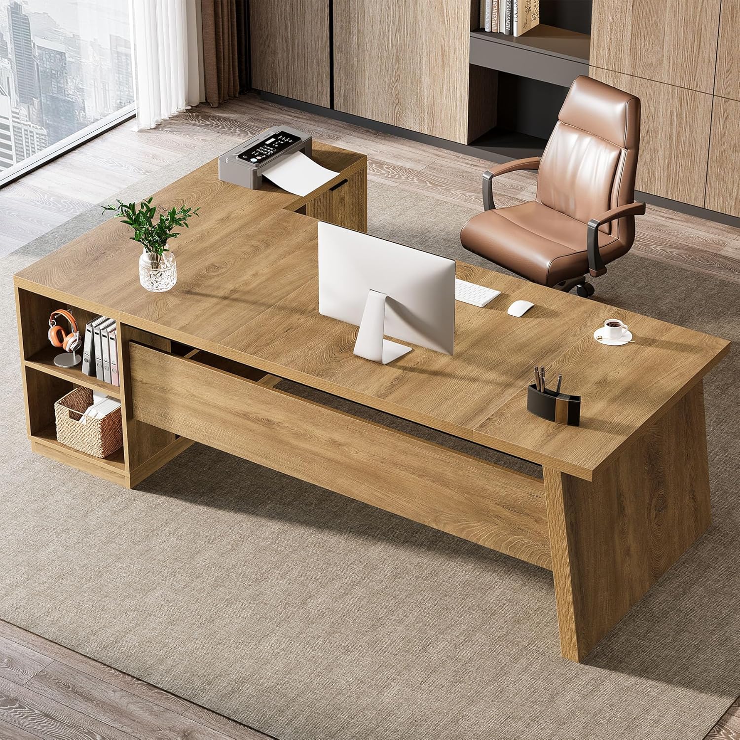 Tribesigns L Shaped Desk - Modern 78" Executive Office Table with Drawers & File Cabinet | Brown