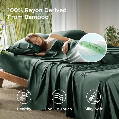 Bedsure King Size Cooling Sheets Set - Breathable Rayon from Bamboo, Soft & Luxurious, Deep Pocket, Forest Green