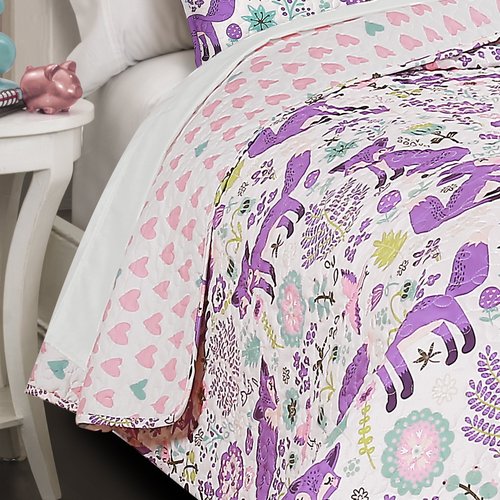 Lush Decor Pixie Fox Reversible Quilt Set, 3 Piece Set, Twin, Purple & Pink - Fun Lightweight Twin Bedding for Kids - Girls Pink Bedroom Decor