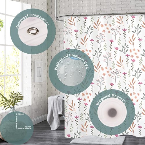 Bestfaith Plastic Shower Curtain Liner, Premium EVA 6G Fresh Flower Shower Curtain, Shower Curtains for Bathroom with 3 Magnetic Weights and Rustproof Grommets (Fresh Flower, 72x72 in)