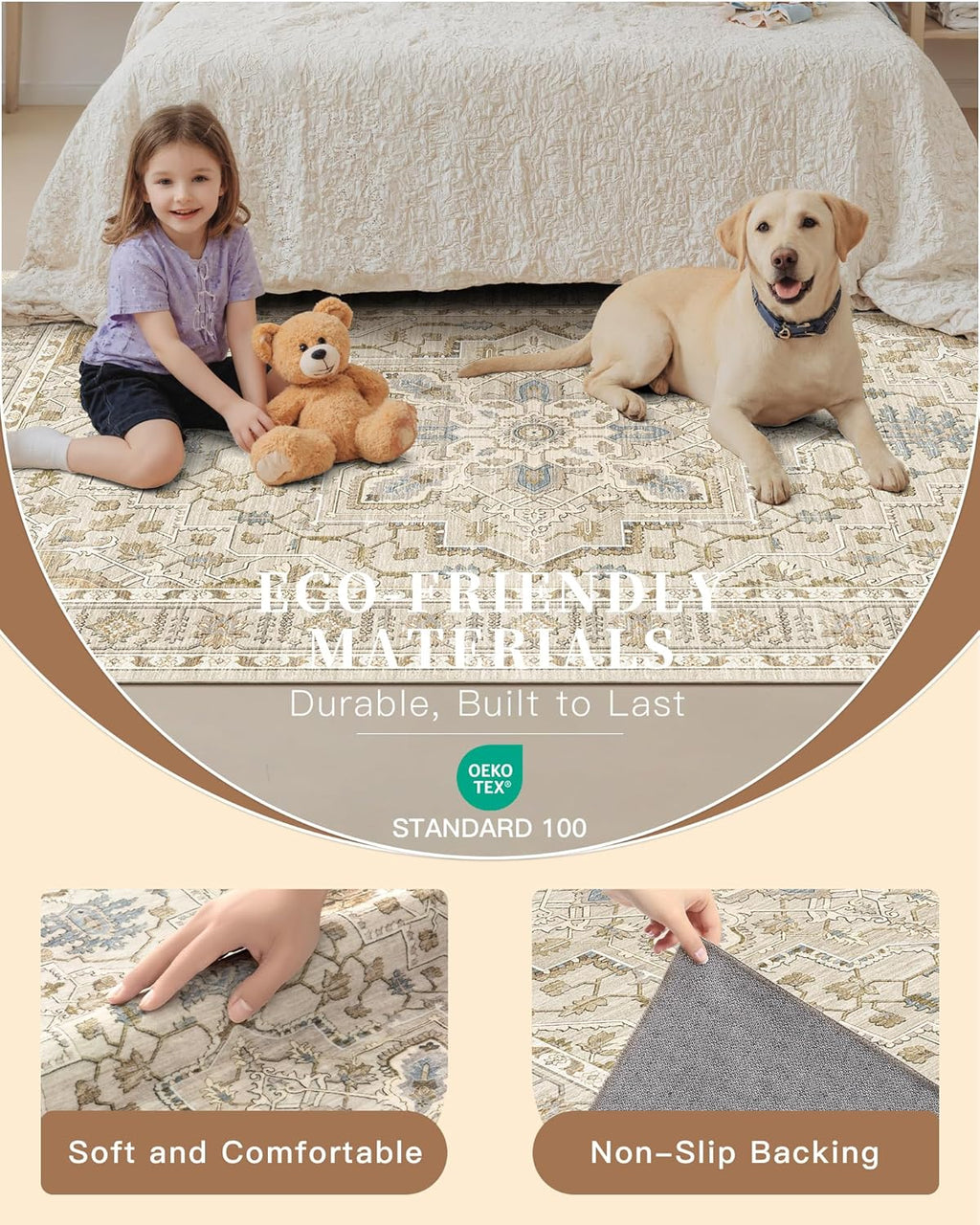 Madane Hallway Runner - Vintage Washable 3x8 Kitchen Rug | Non-Slip Indoor Area Carpet in Beige/Blue