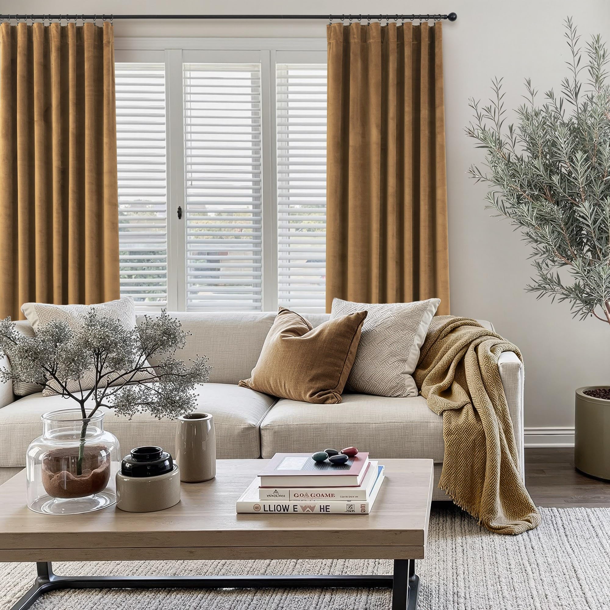 Velvet Curtains 84 Inch Length 2 Panels Set Gold Brown Light Blocking Thermal Insulated Room Darkening Window Drapes Soft Luxury Curtain for Living Room Bedroom Back Tab Pleated Pocket 7ft Long Golden