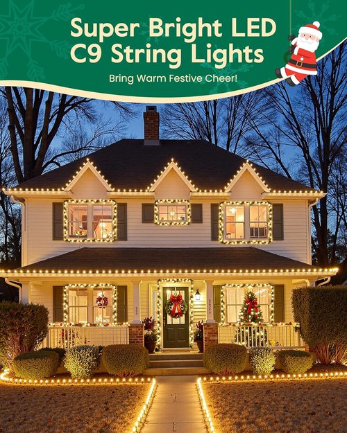 C9 Christmas Lights - 100 LED Waterproof String Lights for Outdoor Decor | 65FT Warm White with 100 Clips