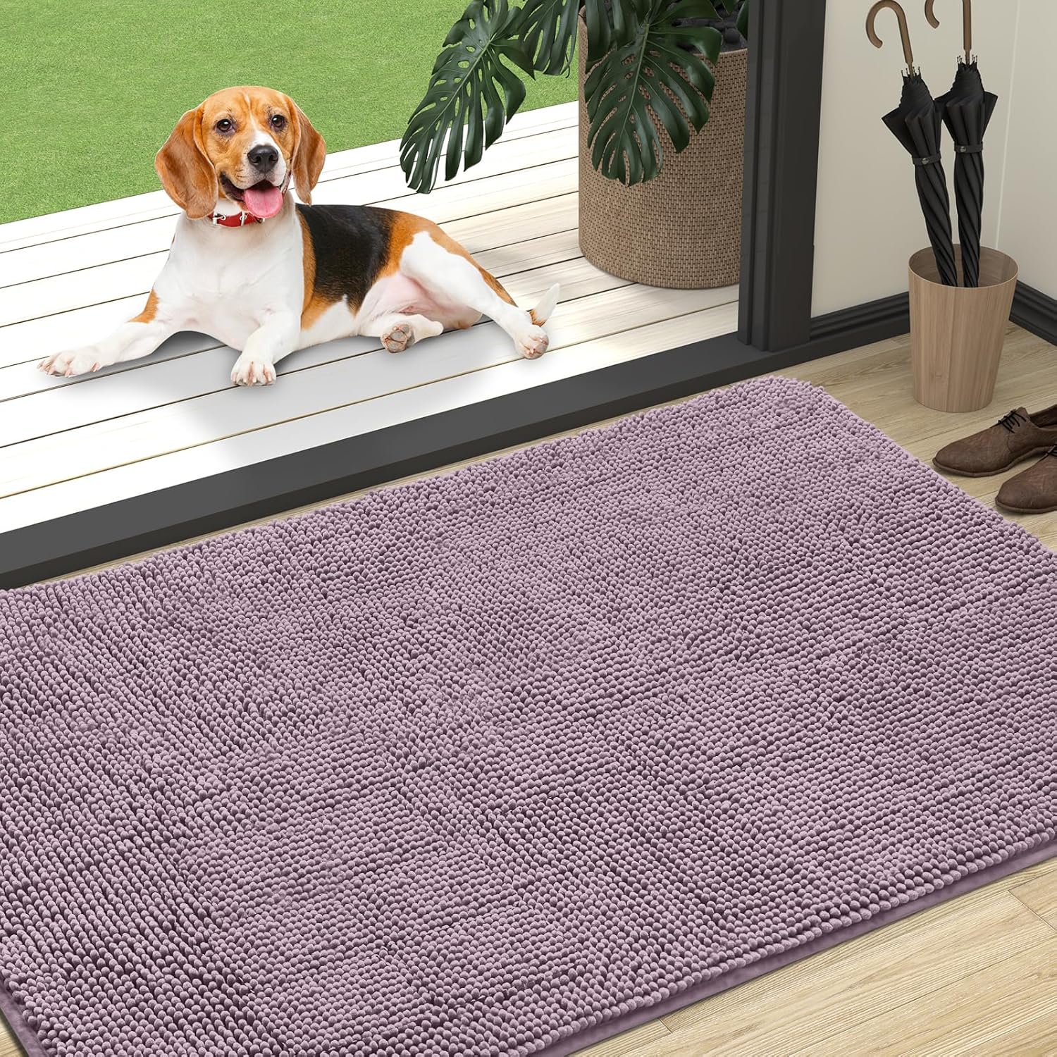 OLANLY Dog Door Mat - Absorbent Non-Slip Chenille for Muddy Paws | 47x32 Deep Plum Indoor Carpet