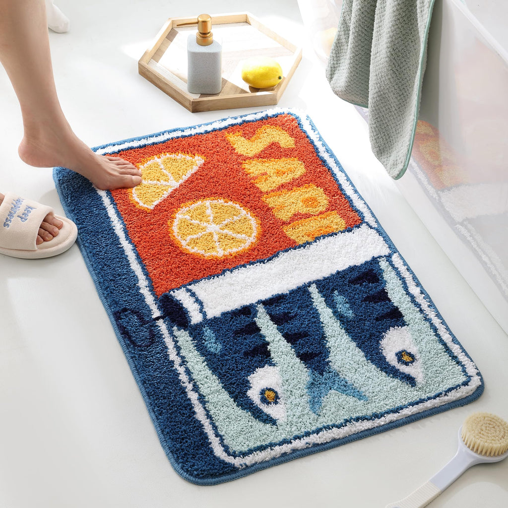 TRUEDAYS Sardine Can Bath Mat, Blue Bathroom Rugs for Bedroom, Soft Washable Rug Non Slip Cute Kitchen Bath Mats for Bathroom Funny Cartoon Fish and Lemon