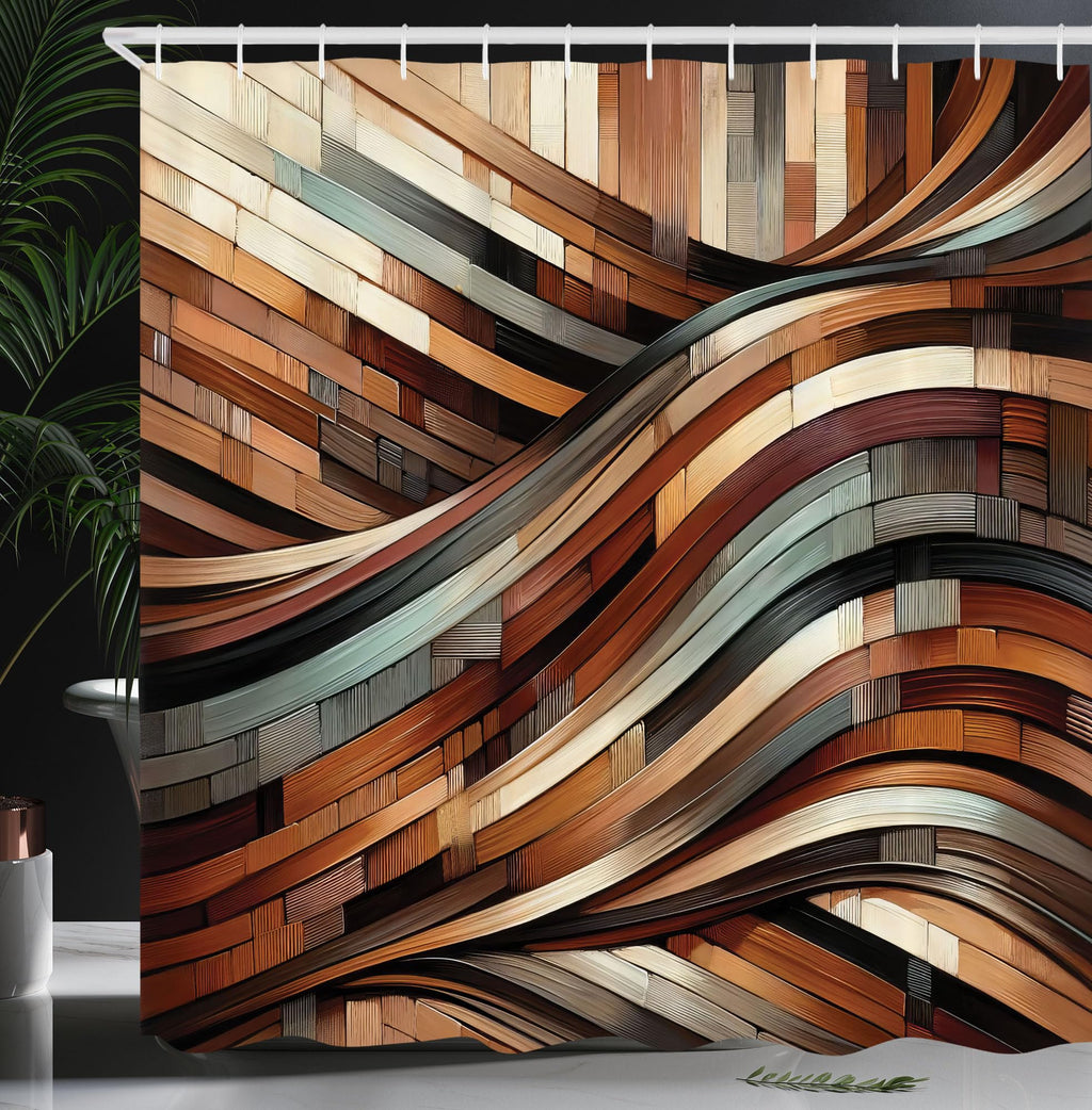 Ambesonne Brown Shower Curtain, Intricate Vertical and Horizontal Wavy Pinstriped and Brushstroke Print, Cloth Fabric Bathroom Decor Set with Hooks, 69" W x 70" L, Blue Grey Camel Maroon