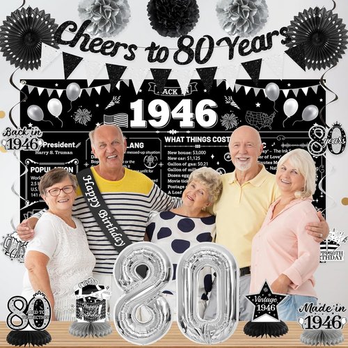 Holkcog 80th Birthday Decorations - Back In 1946 Poster & Banner Set with Balloons, Sash & Fans
