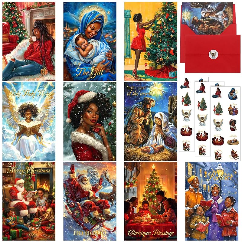 African American Christmas Cards Bulk Pack – 100 Cards with 100 Red Envelopes & 100 Stickers – 4x6 in | Variation: 100+African