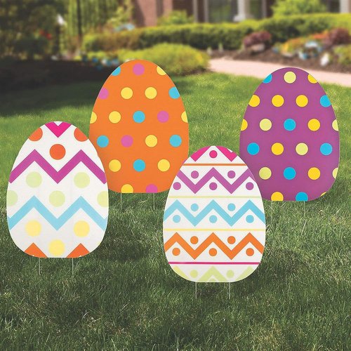 Fun Express Jumbo Easter Eggs Yard Signs - 4-Pack Large 18x24.5 Weather-Resistant Outdoor Decorations | Perfect for Egg Hunts & Garden Parties