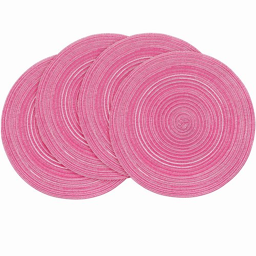 Floroom 15 Inch Round Braided Placemats Set of 4, Washable Heat Resistant Cotton Polyester Circle Place Mats for Kitchen Dining Table - Berry Pink