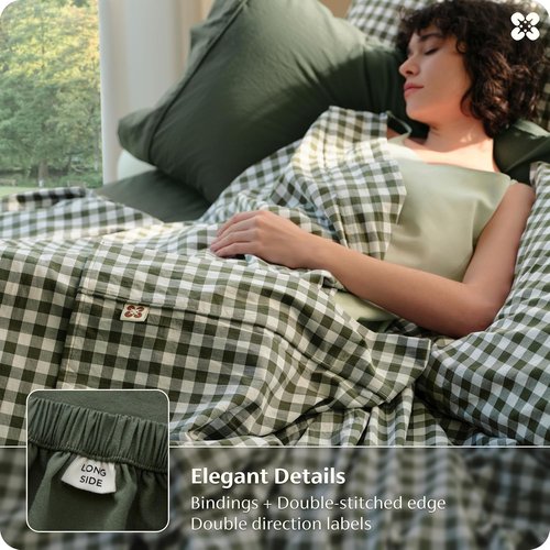 Bedsure 100% Washed Cotton Percale Sheets - Gingham Olive Green Queen Set with 18" Deep Pockets, Soft & Breathable