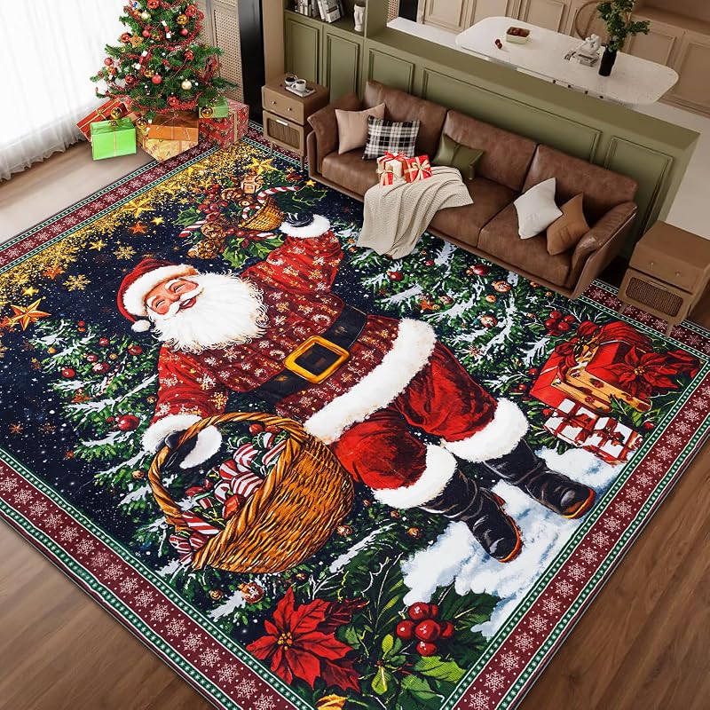 12' x 9' Santa Claus Christmas Rug for Living Room - Washable Faux Wool Non-Slip