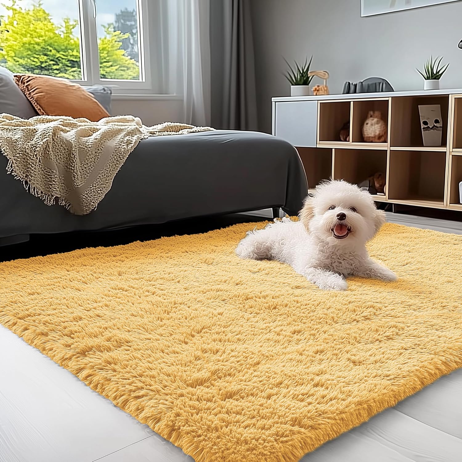 OLANLY Soft Fluffy Shaggy Bedside Rug - 3x5 Machine Washable Indoor Carpet in Mustard Yellow
