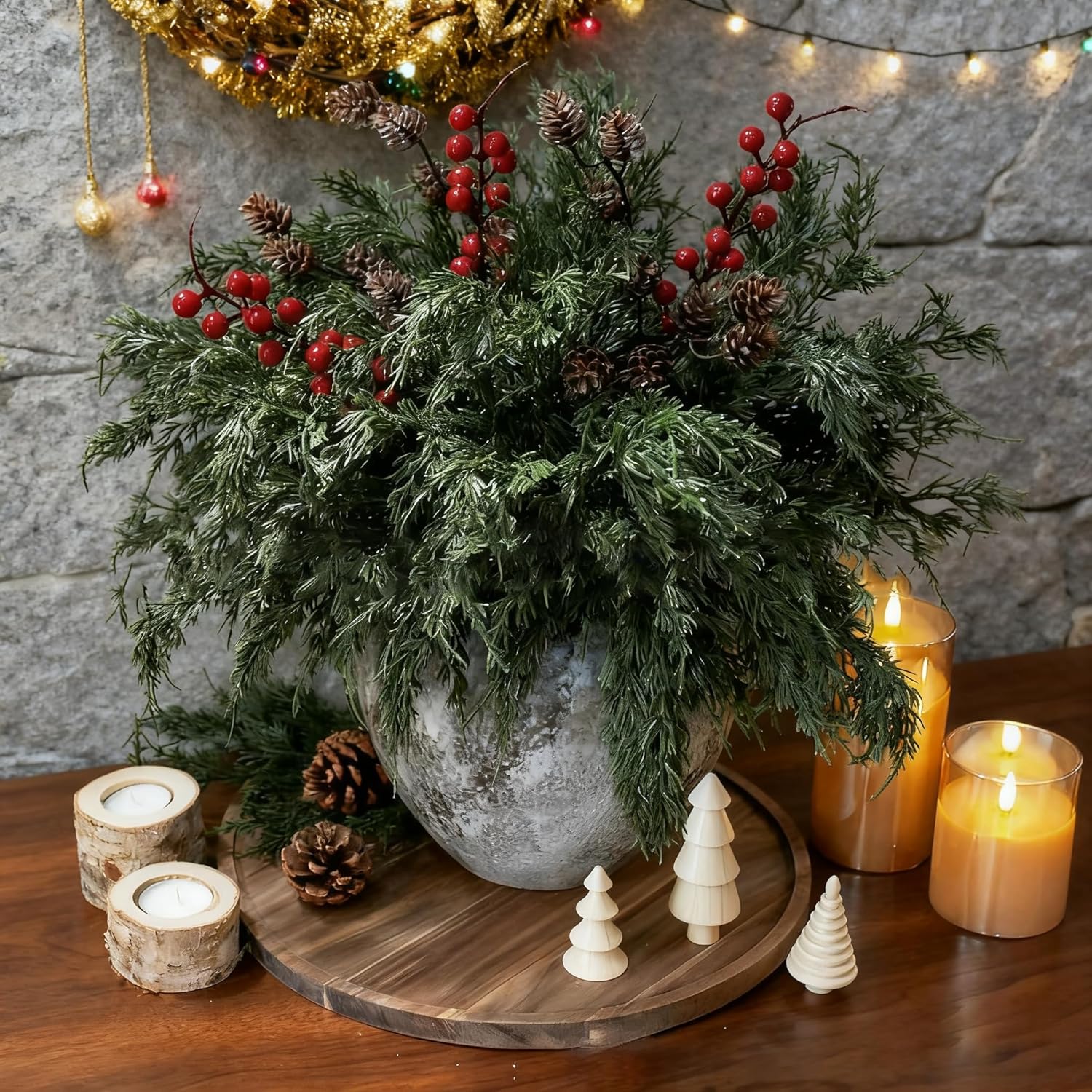 Norfolk Pine Faux Cedar Stems - Realistic Artificial Greenery for Christmas Decor | 1 Set with Berries & Pinecones