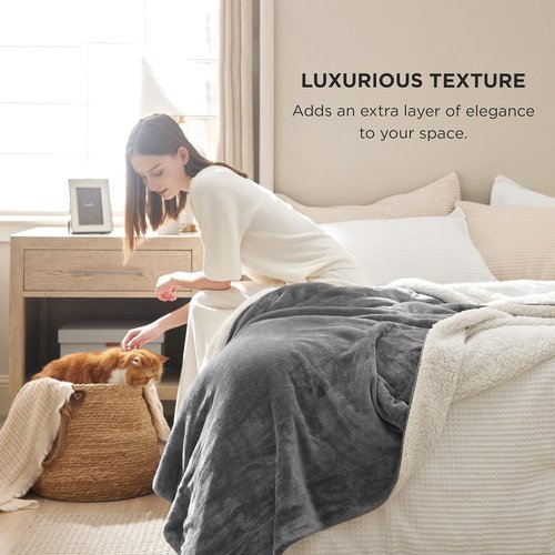 Bedsure GentleSoft Sherpa Fleece Queen Blanket - Thick, Warm, Plush Throw for Winter | Grey, 90x90 Inches