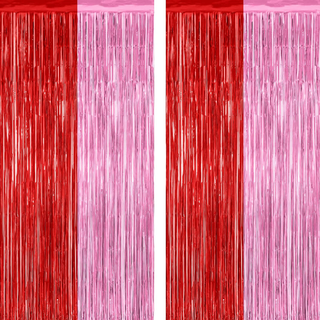Regine Switzerland Red Pink Backdrop Curtains - 2 Pack Metallic Fringe Tinsel Decor | 3.28' x 7.05'