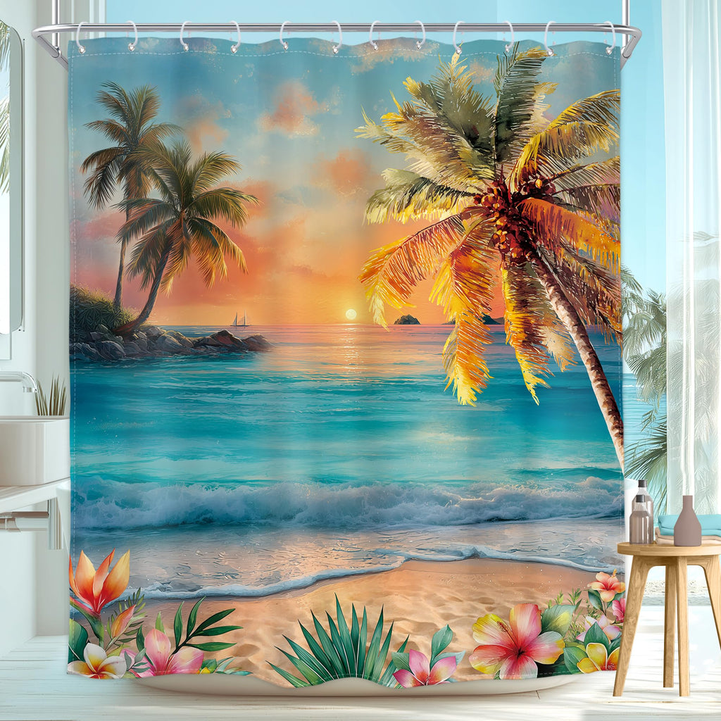 Homewelle Beach Ocean Shower Curtain Hawaii Seaside Sunset Coastal Tropical Palm Tree Flower Plant Landscape Summer Scenery Nature 60Wx72H Inch Sea Wave Waterproof Polyester Fabric Bathroom Bathtub