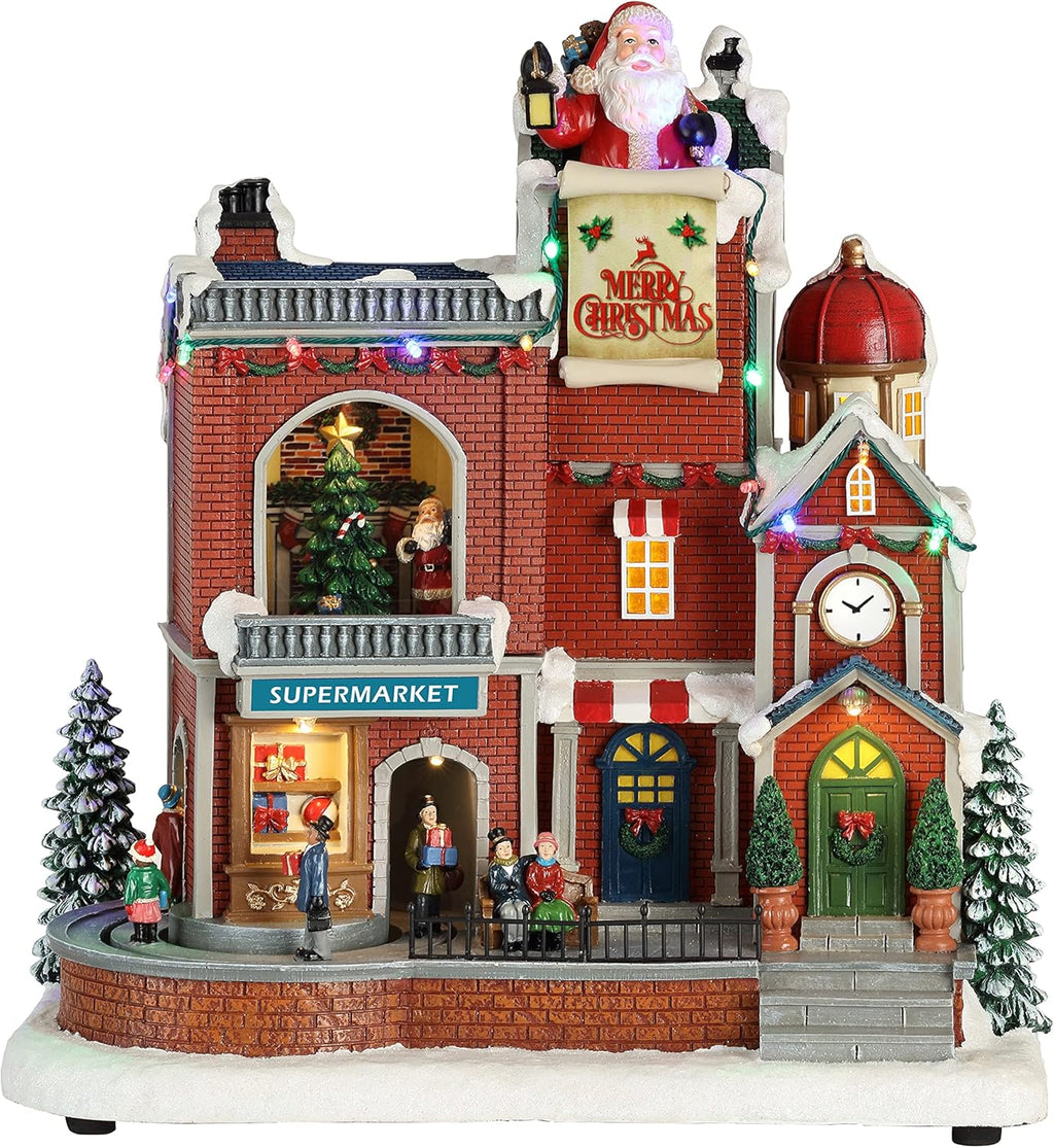 Moments In Time Lighted Christmas Village House - Animated Supermarket & Shops Scene with LED Lights | Holiday Decor Gift Box Included
