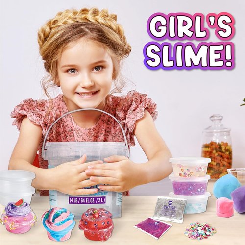 FunKidz 4 LB Huge Clear Slime Bucket - 64 FL OZ Premade Crystal Slime Kit with 29 Add-Ins for Kids