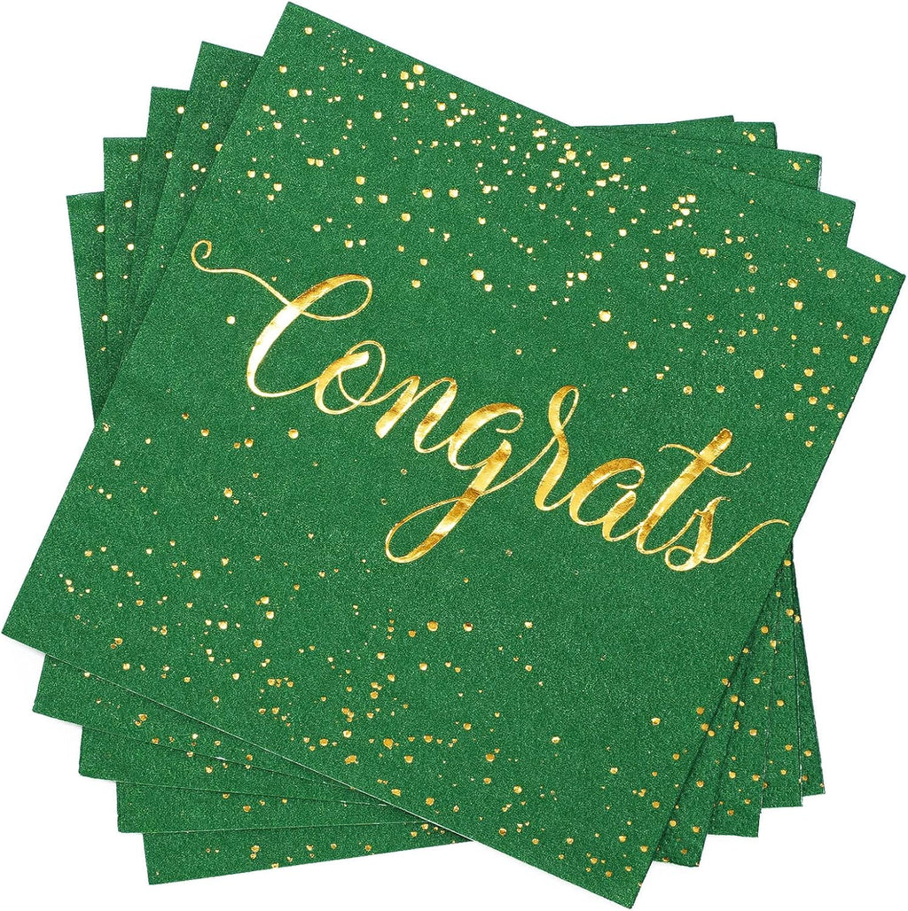 Whaline Graduation Cocktail Napkins - 80 Pack Green & Gold Foil Congrats Design | Disposable Tableware