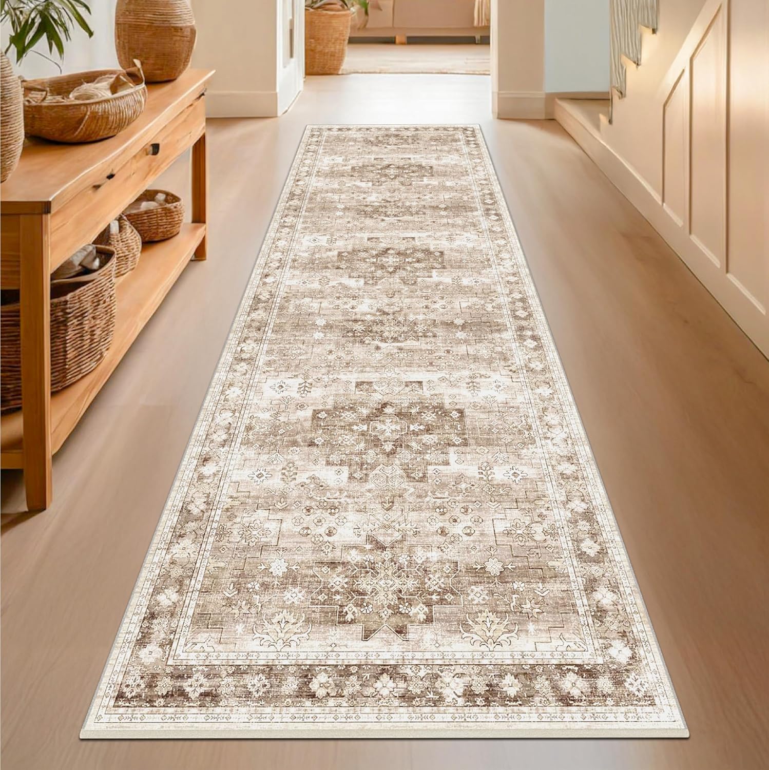 Beige Washable Runner Rugs by [Brand Name] - Extra Long 2'6"x10' Non-Slip Indoor Mats for Hallways | Stain Resistant Boho Floral Decor