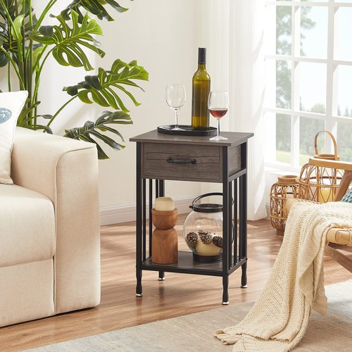 VECELO Nightstands, Industrial Side/End Tables with Drawer and Storage Shelf, Night Stands for Bedroom, Living Room, Wood Metal Furniture, Easy Assembly, 1 Pack, Grey