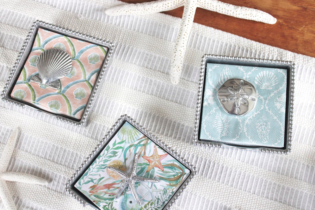 MARIPOSA SPINY STARFISH BEADED NAPKIN BOX SET | SILVER | BRILLANTE | GIFTS | NAPKIN BOX & WEIGHT SET | RECYCLED SANDCAST ALUMINUM | HANDMADE IN MEXICO