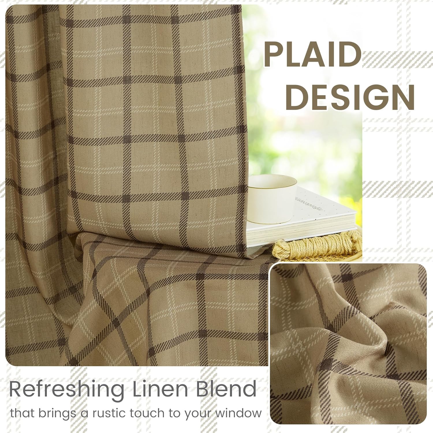 NICETOWN Linen Plaid Curtains - 84-Inch Light Filtering Privacy Shade | Semi-Sheer Grid Pattern, 1 Pair, 52W x 84L
