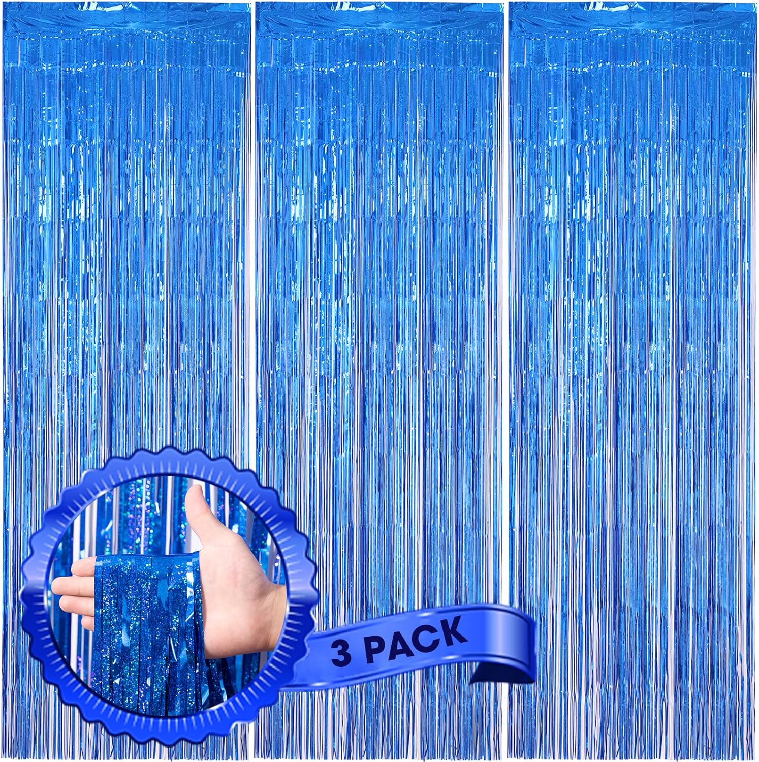 Voircoloria Laser Blue Foil Fringe Backdrop Curtains - 3 Pack | 3.3 x 8.2 ft Party Decorations for Graduation, Baby Shower, & More