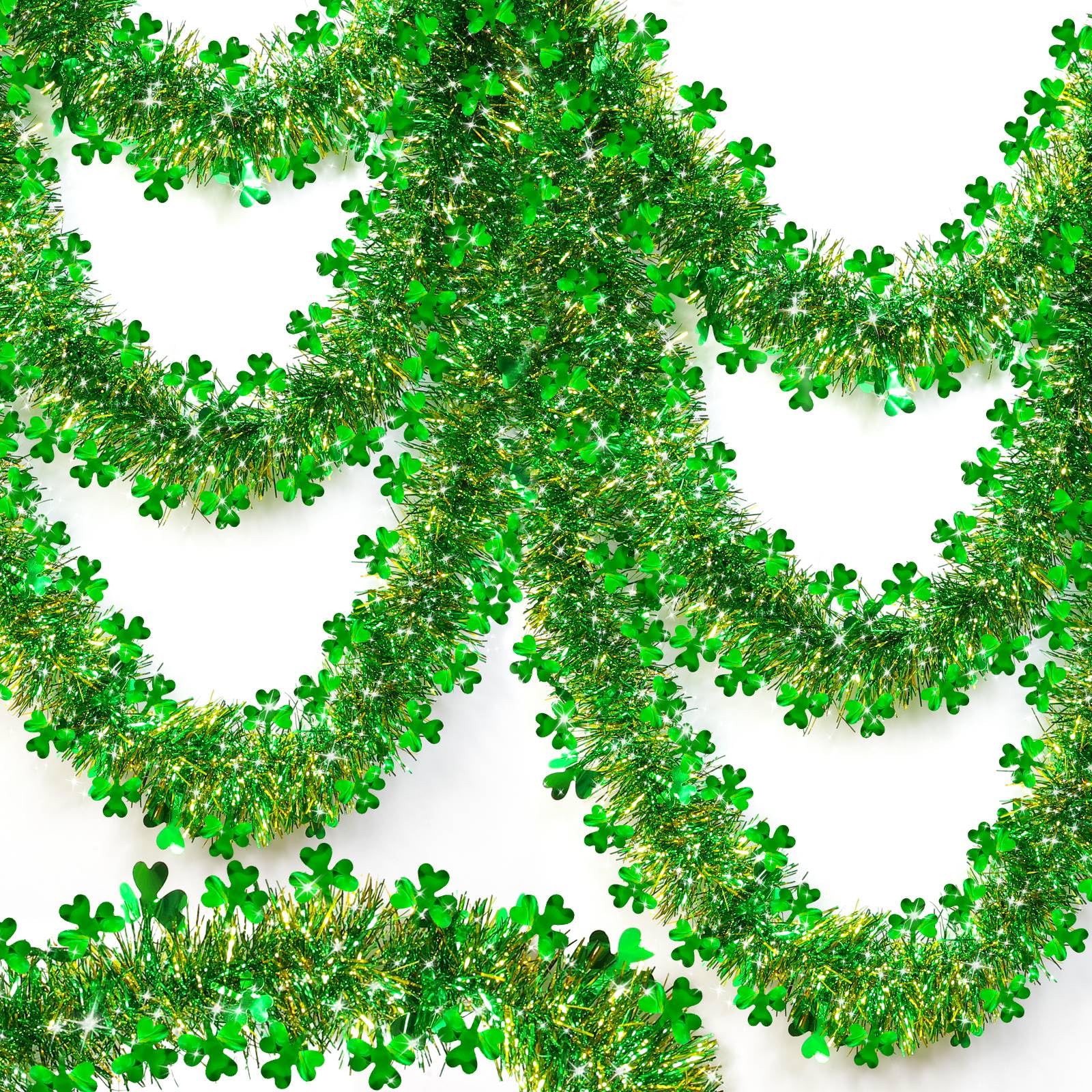 TURNMEON 33 Ft St. Patrick's Day Tinsel Garland Decorations Green Gold Shamrock Garland Clover Metallic Streamer Hanging St Patricks Day Decorations for Home Indoor Outdoor Irish Party Supplies