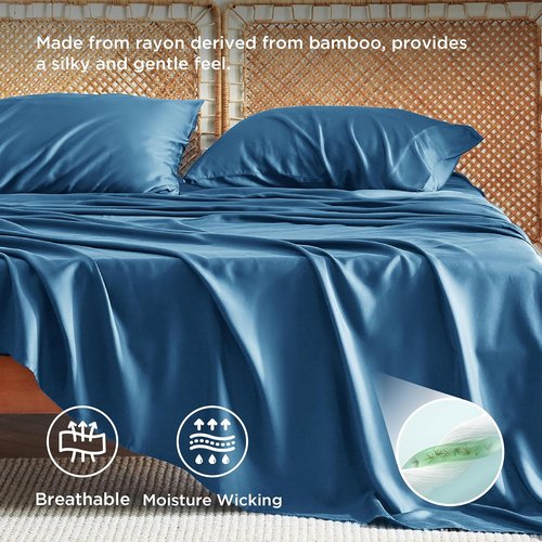 Bedsure King Size Cooling Sheets Set - Breathable Rayon from Bamboo, Soft & Luxurious Teal, Deep Pocket Up to 16 Inches