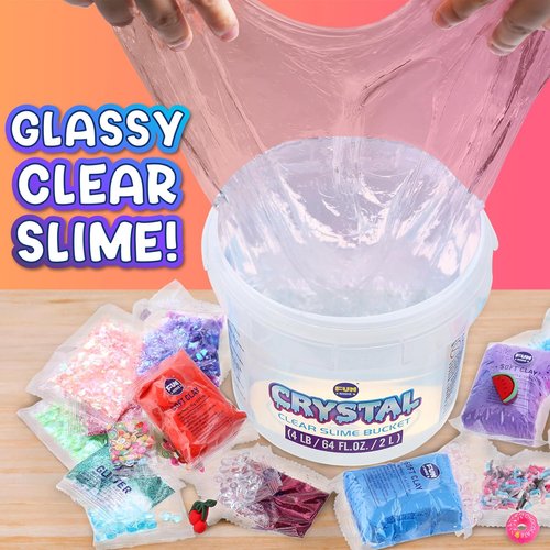 FunKidz 4 LB Huge Clear Slime Bucket - 64 FL OZ Premade Crystal Slime Kit with 29 Add-Ins for Kids