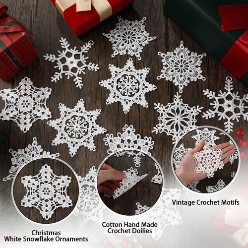 Buryeah Winter Snowflake Ornaments - 36 Pcs Crochet Decorations for Christmas Tree | 6 Unique Styles in White
