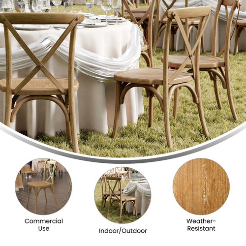 Flash Furniture Hercules Commercial Indoor/Outdoor Cross Back Chair, Wood Look, Weather-Resistant, Lightweight Design, Versatile Use, Chestnut