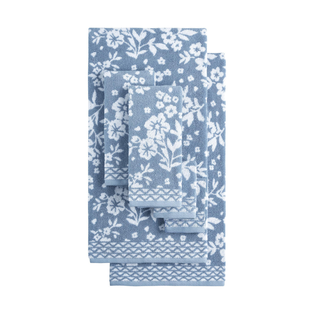 Lucky Brand Folk Floral 6 Piece Bath Towel Set - (2) Bath Towels, (2) Hand Towels, and (2) Washcloths - Dusty Blue Premium Bathroom Towel Set