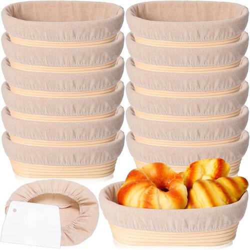 Gejoy 12-Piece Oval Bread Proofing Basket Set - Sourdough Dough Bowls with Cloth Liner & Scraper | 10 Inch
