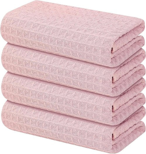 Homaxy Microfiber Kitchen Towels - Ultra Absorbent Waffle Weave | 16 x 28 Inch, 4 Pack, Pink