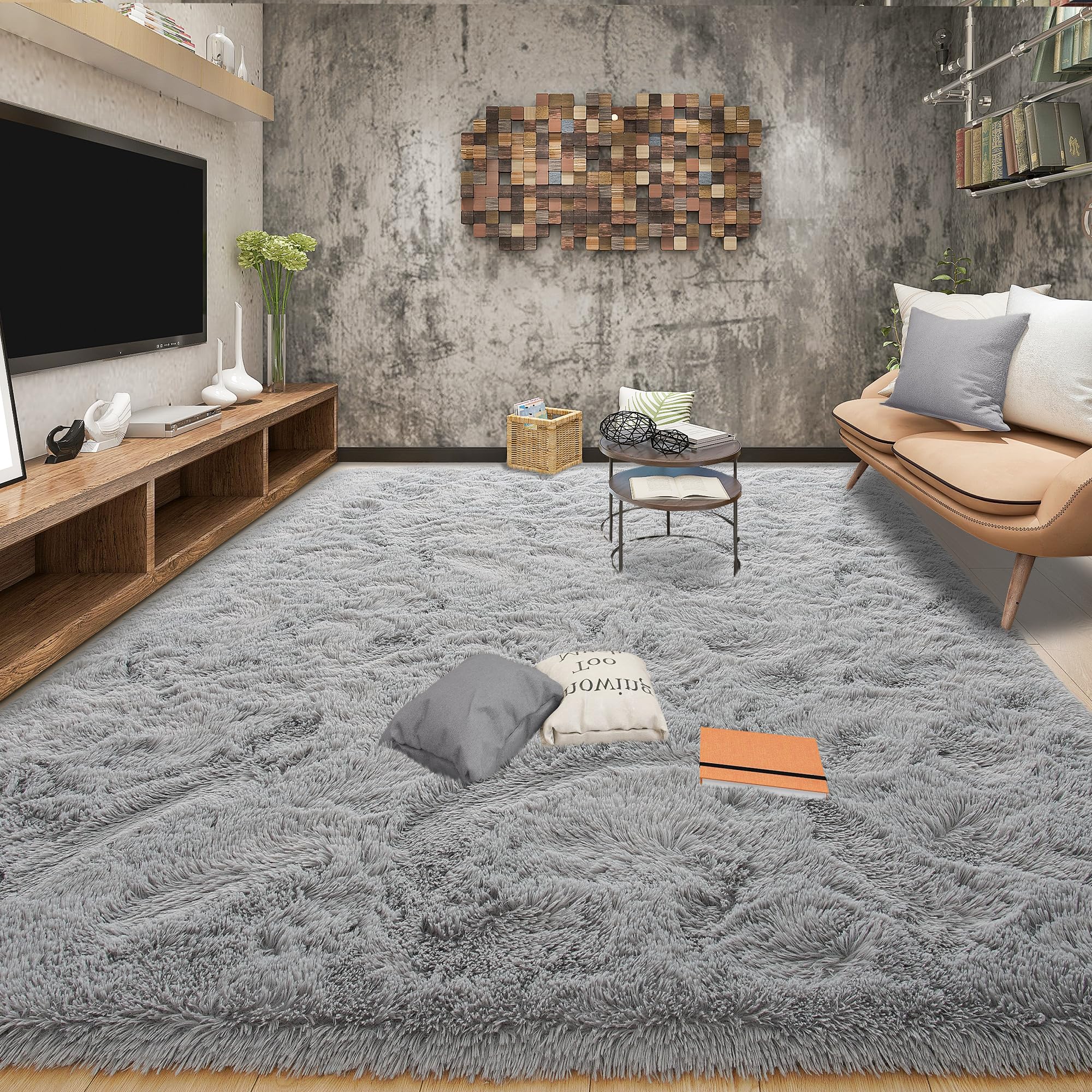 Tepook Fluffy Large Rugs for Living Room, Shag Area Rug 6x9 Soft Carpet for Bedroom, Modern Shaggy Rug for Kids Boys Girls, Plush Indoor Nursery Home Decor Rug with Non-Slip Bottom, Grey, 6 X 9 Feet