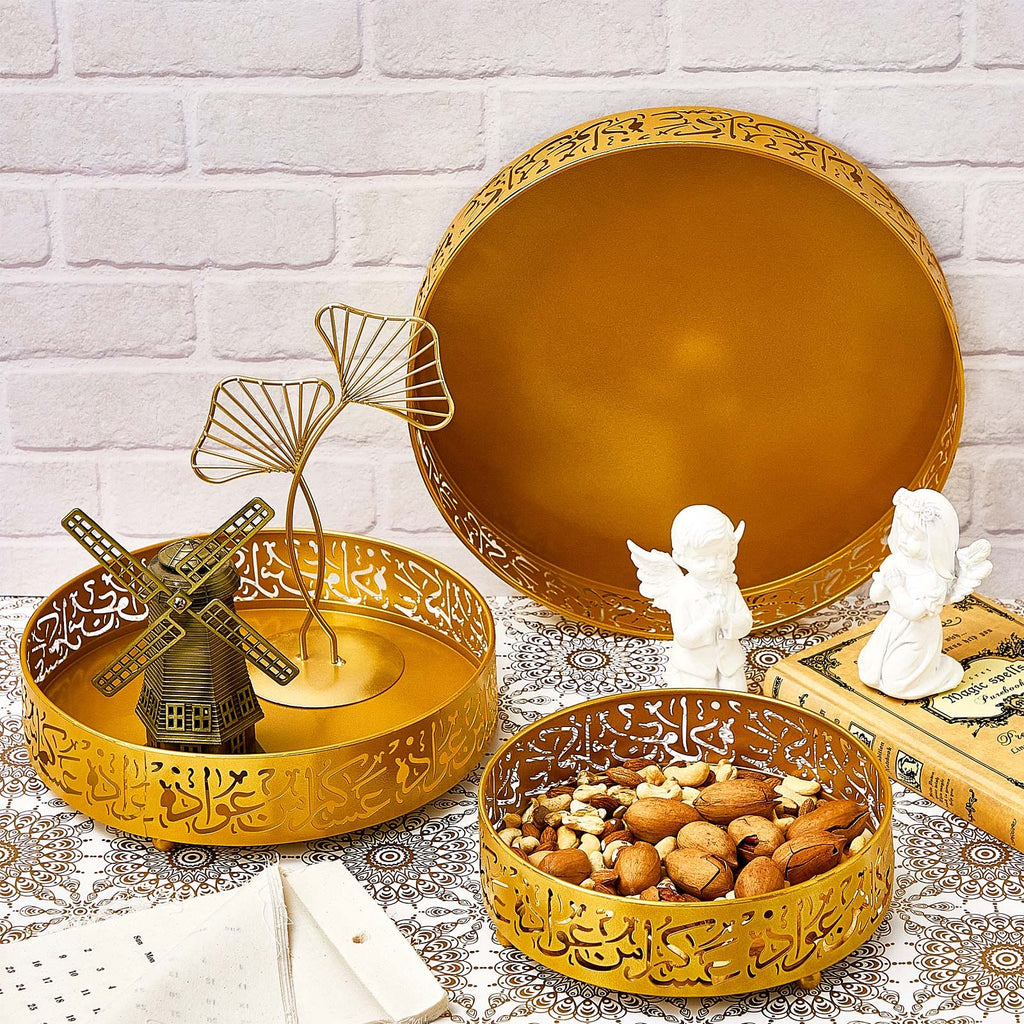 Ramadan Serving Trays - 3 Pieces Iron Gold Round Platter, 3 Sizes Eid Candy Dish, Muslim Pastry Snacks Dessert Holder for Ramadan Mubarak Party Supplies Home Decor