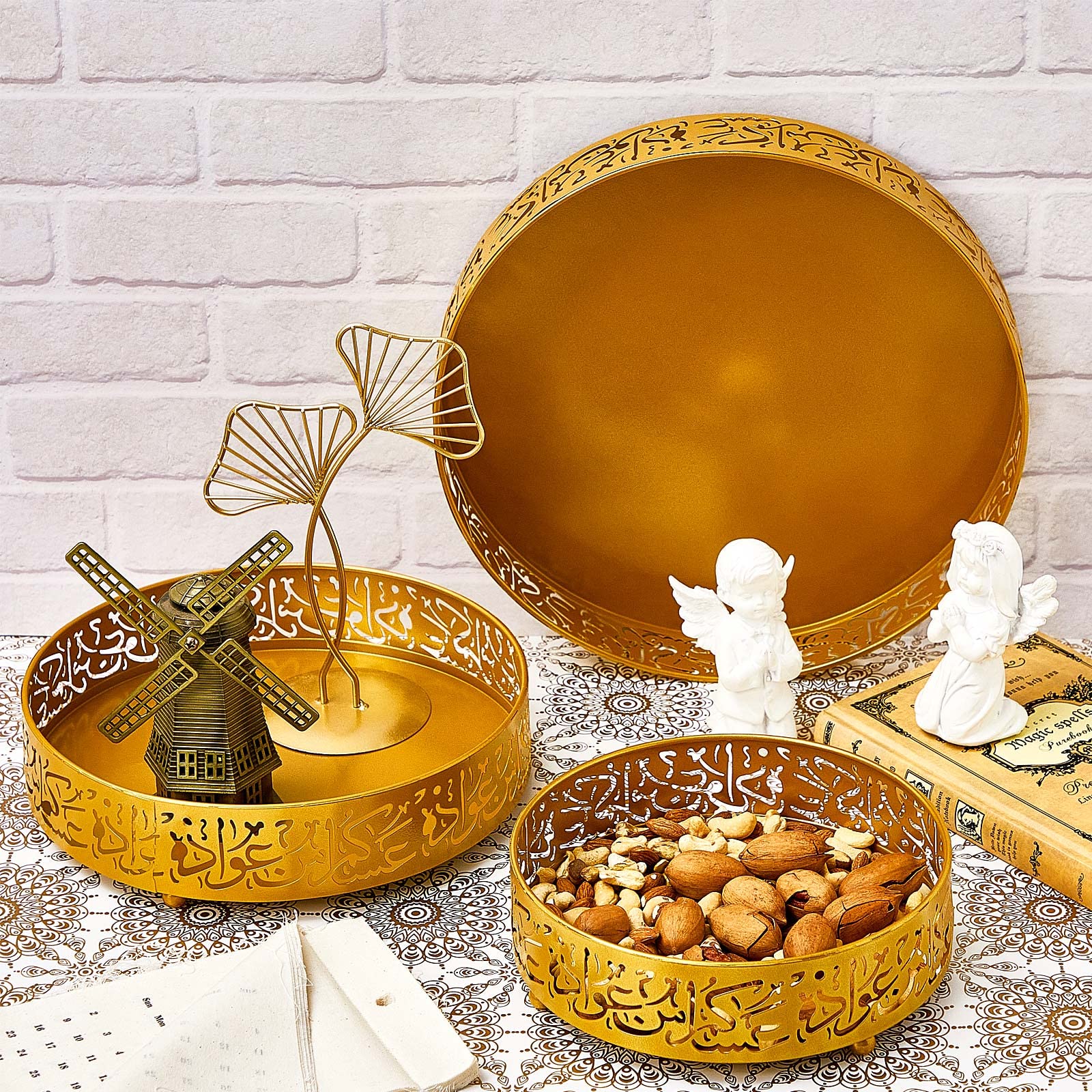 Ramadan Serving Trays - 3 Pieces Iron Gold Round Platter, 3 Sizes Eid Candy Dish, Muslim Pastry Snacks Dessert Holder for Ramadan Mubarak Party Supplies Home Decor