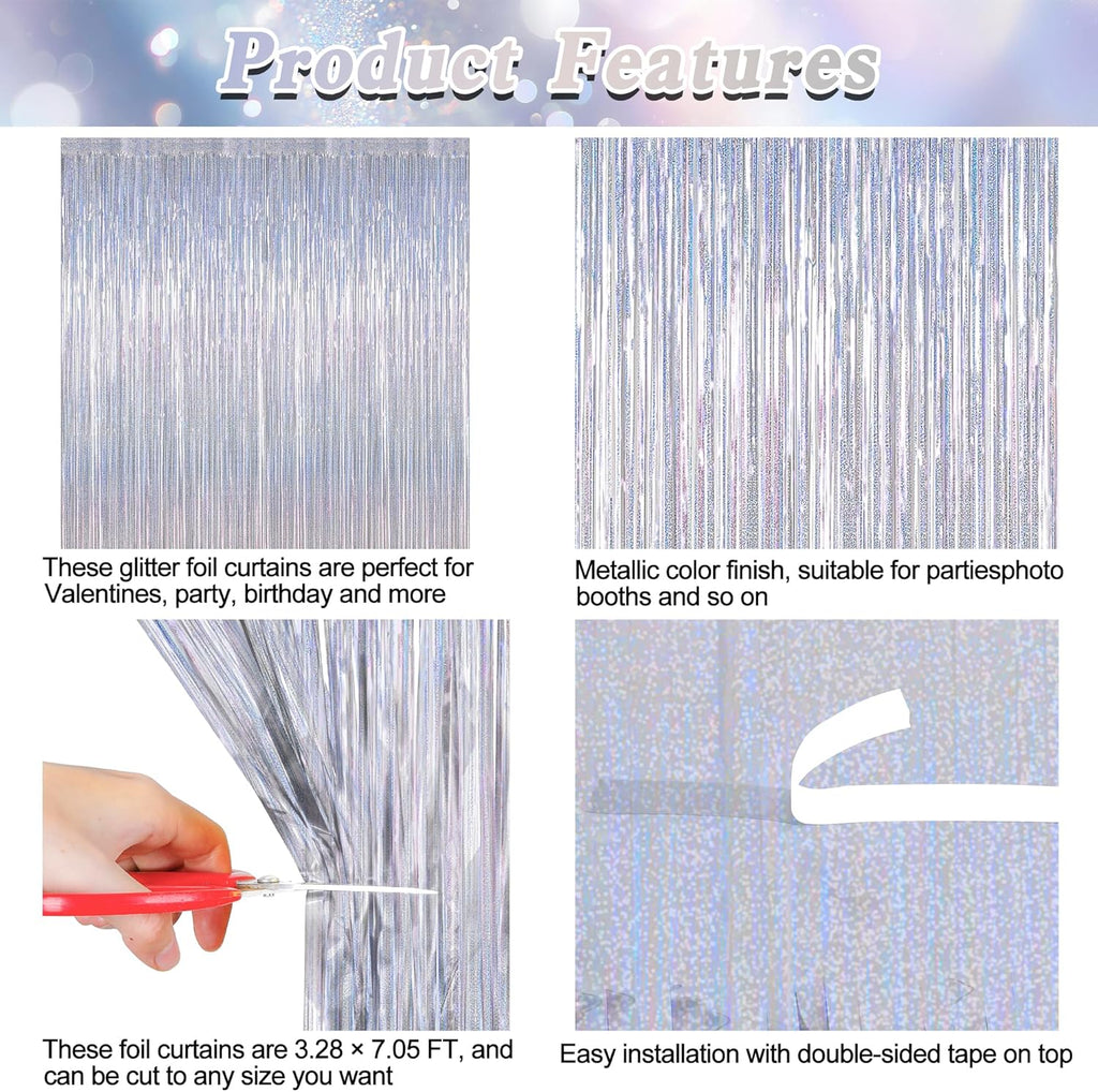 Skiennix Silver Metallic Tinsel Foil Curtains - 2 Pack Glitter Fringe Backdrop | 3.28 FT x 7.05 FT for NYE & Birthday Parties