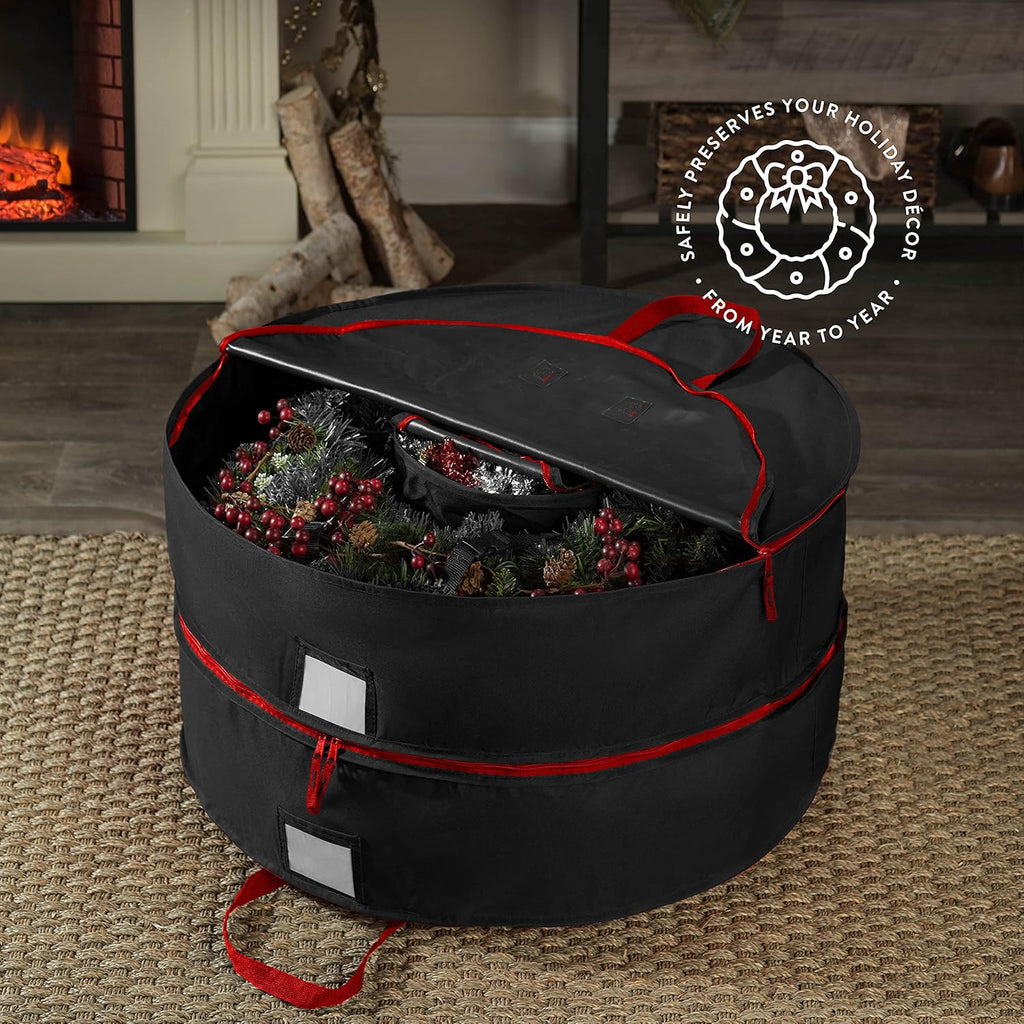 ZOBER Christmas Wreath Storage Container - 30 Inch Wreath Bag for 2 Wreaths | Durable 600D Oxford Fabric - Black