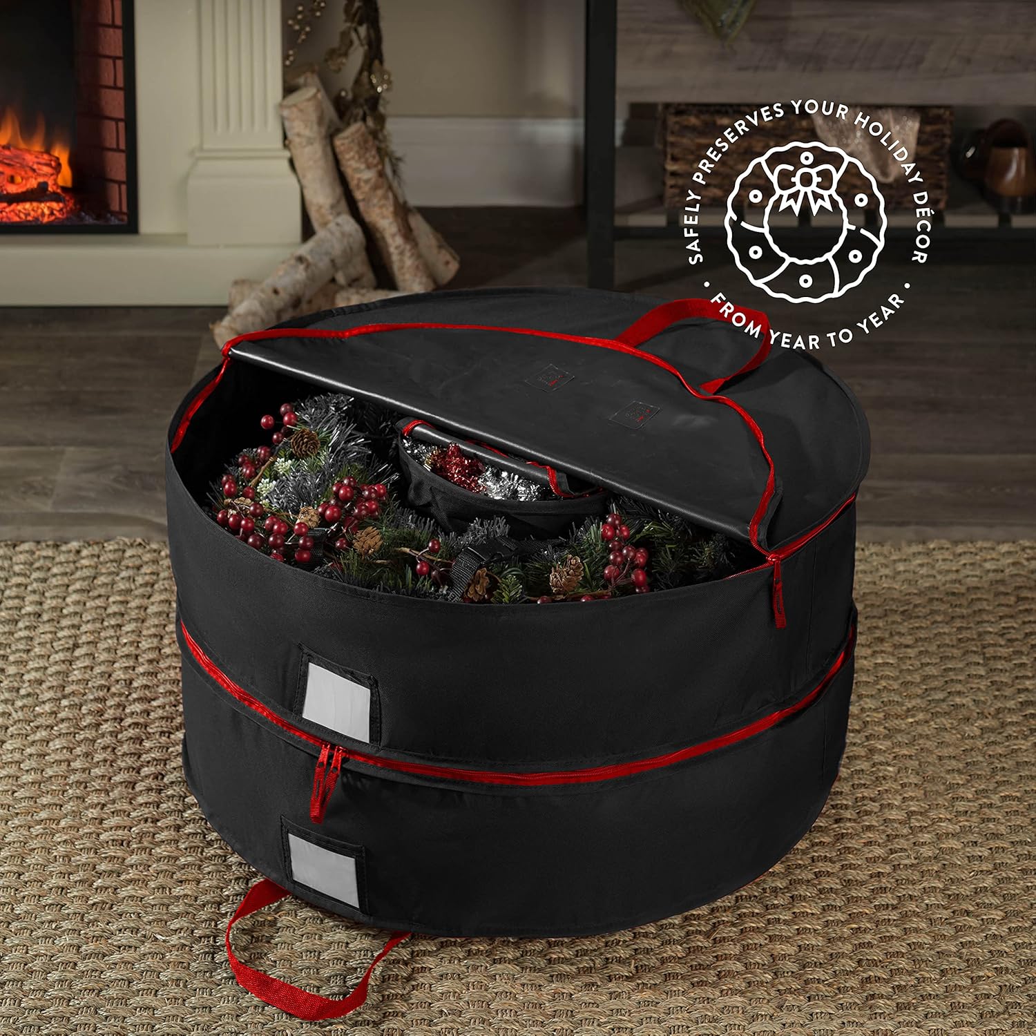 ZOBER Wreath Storage Bag - 36 Inch Durable Oxford Fabric for 2 Wreaths | Strong Handles & Compartment - Black
