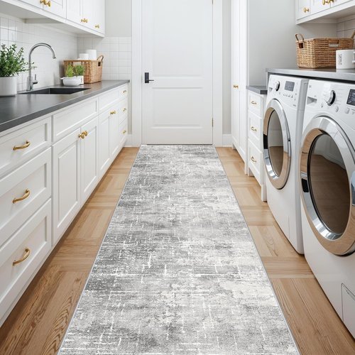 **Regine Switzerland Abstract Kitchen Area Rug - Washable Non-Slip Long Hallway Mat | Soft Stain-Resistant 2'6"x14" in Light Grey**