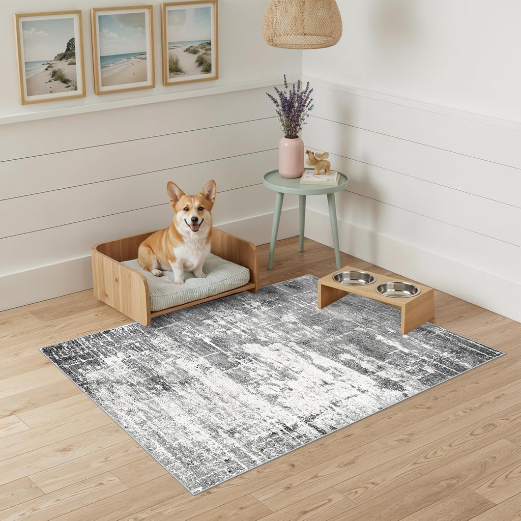 Skiennix Washable Area Rug - Abstract Water-Resistant Non-Slip Doormat | 2x3 ft, Black/Grey for High-Traffic Areas