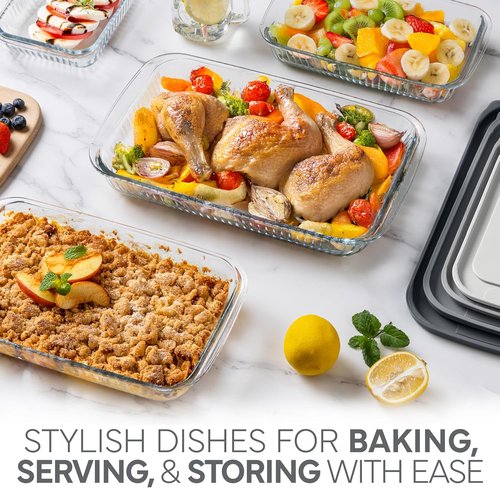 Cook With Color 8-Piece Deep Glass Baking Dish Set - Versatile Casserole & Food Storage Containers | Freezer-to-Oven, Microwave & Dishwasher Safe, Fluted Grey