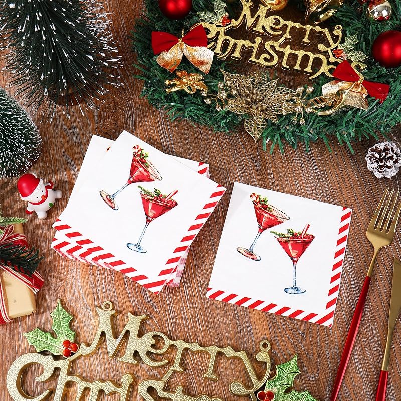Christmas Martini Napkins 50Pcs - Red Stripe Disposable Paper Napkins 5x5in (10x10in) Santa Holiday Party