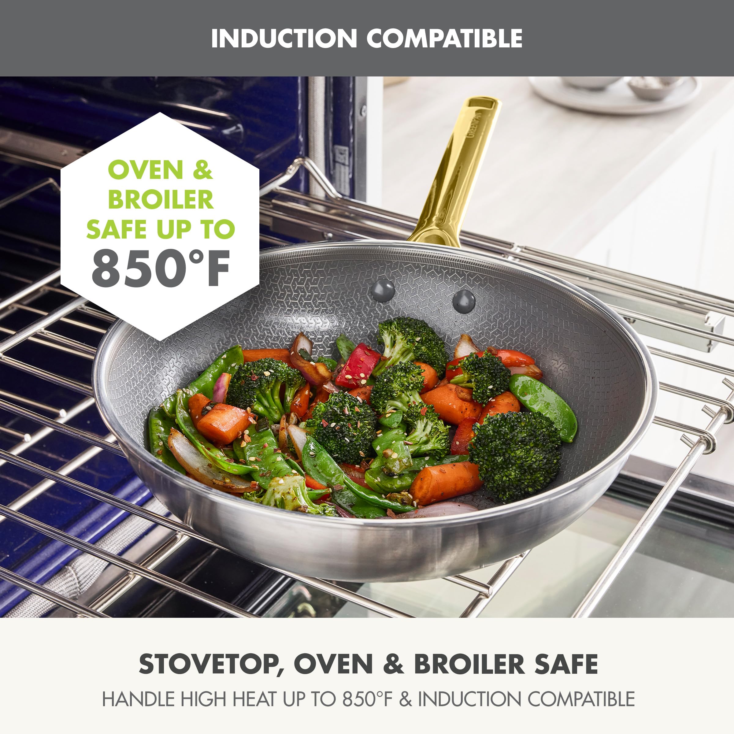 GreenPan Hybrid 11” Nonstick Stainless Steel Wok Pan, APEX Tri-Ply Thermobond PFAS-Free Ceramic Skillet, Induction & All Cooktop Compatible, Oven Temp to 850°F, Dishwasher Safe, Gold